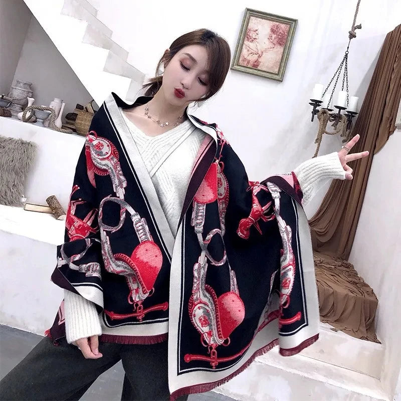 2024 New Luxury Winter Cashmere Scarf Women Design Warm Pashmina Blanket Horse Scarves Female Shawl Wraps Thick Foulard Bufanda