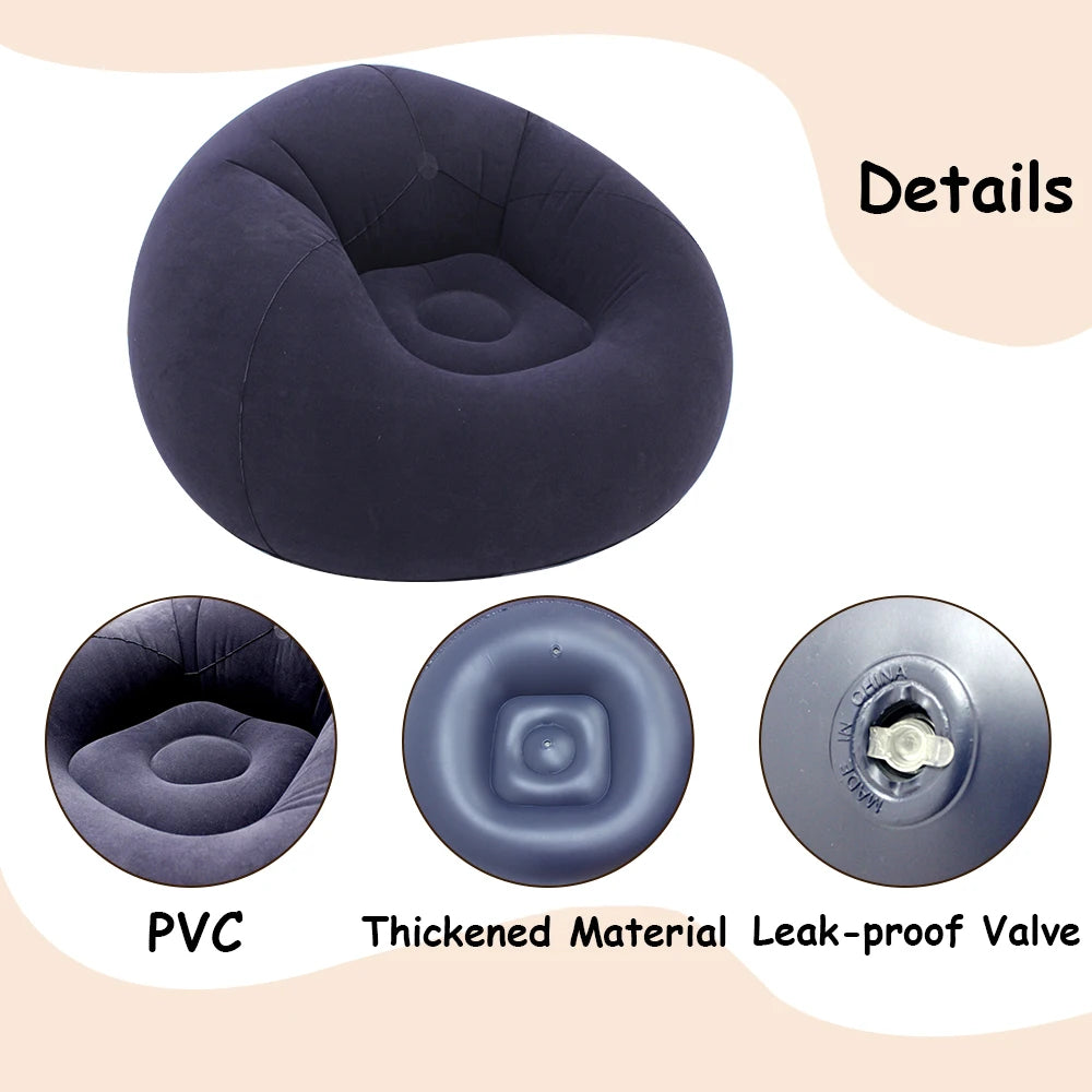 Detail graphic of the dark blue inflatable sofa showing PVC material, thick fabric and leak-proof valve
