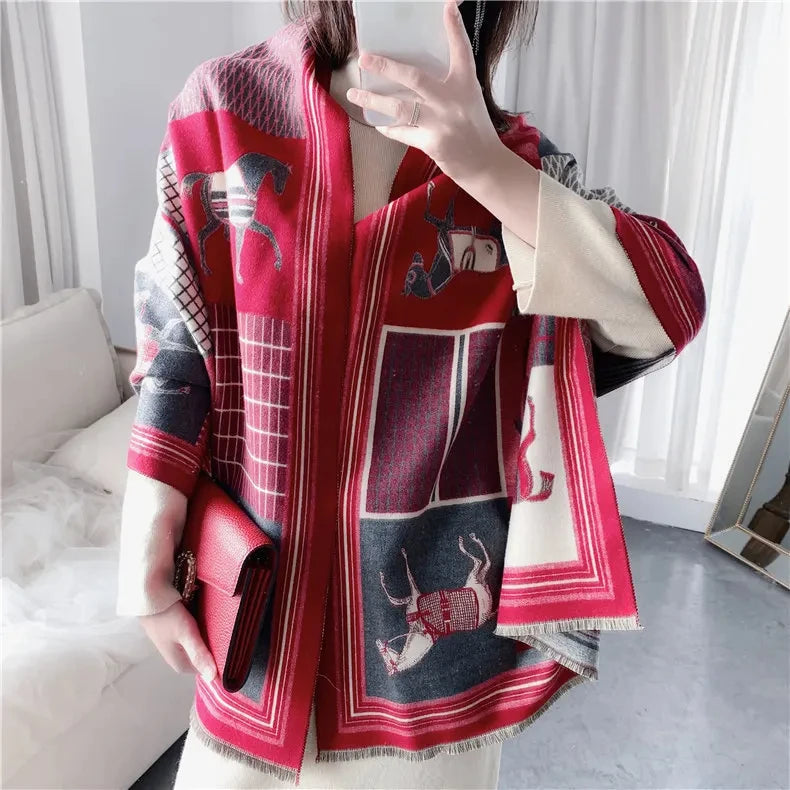 2024 New Luxury Winter Cashmere Scarf Women Design Warm Pashmina Blanket Horse Scarves Female Shawl Wraps Thick Foulard Bufanda