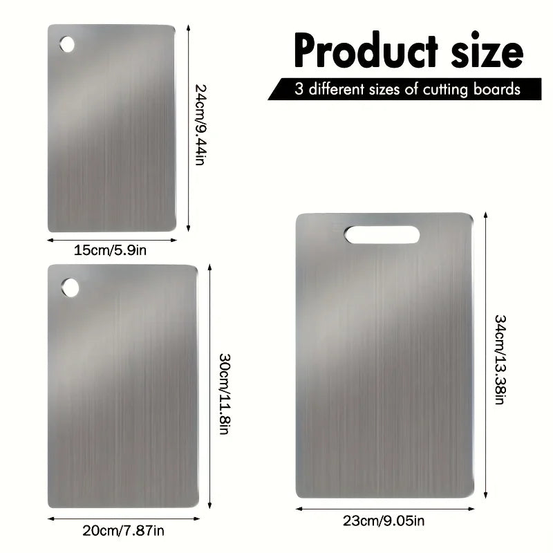 Size chart for the three stainless steel cutting boards