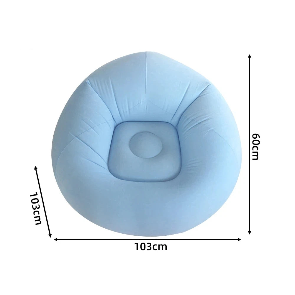 Light blue inflatable lazy sofa with size diagram
