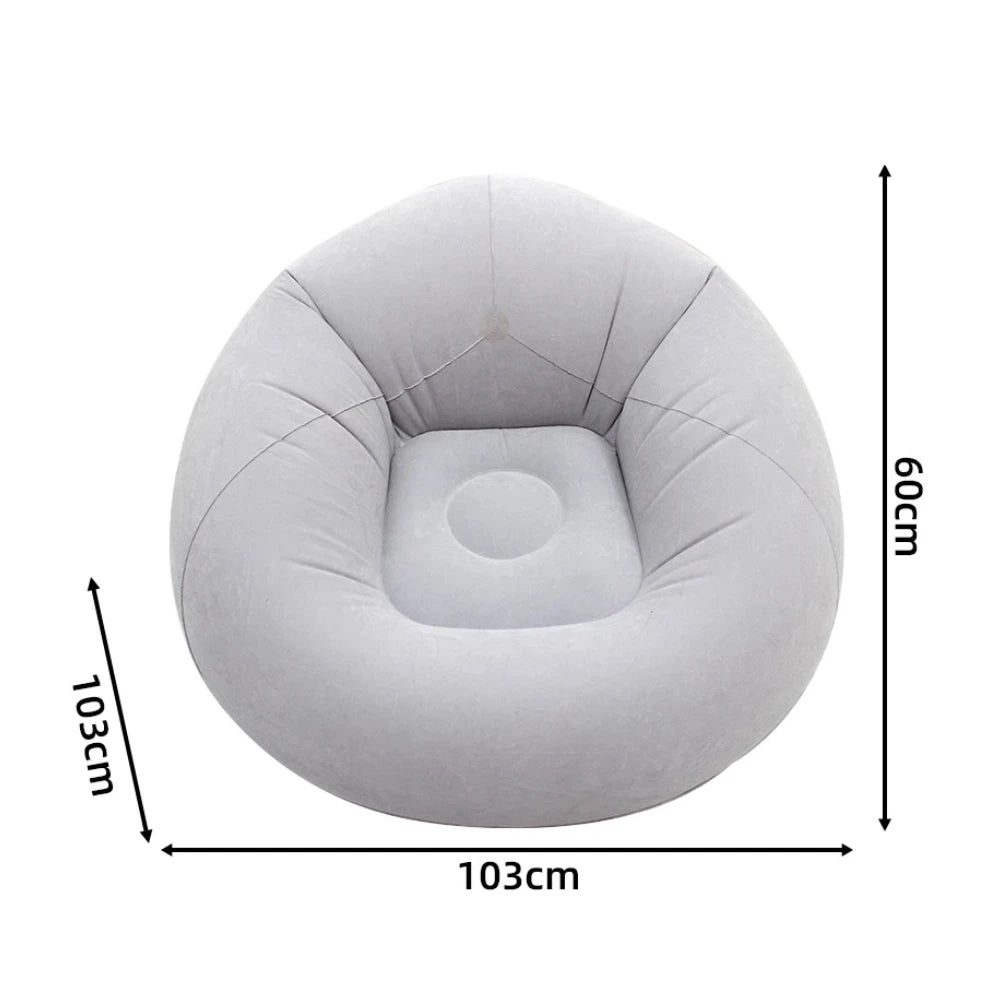 Light gray inflatable lazy sofa with size diagram